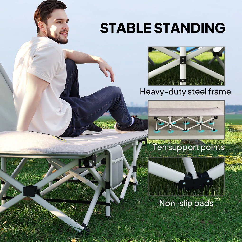 Outsunny Leżanka Polowa, Łóżko Kempingowe, składane, miękkie, do 200 kg, stal nierdzewna, 200x65x42cm, Szary