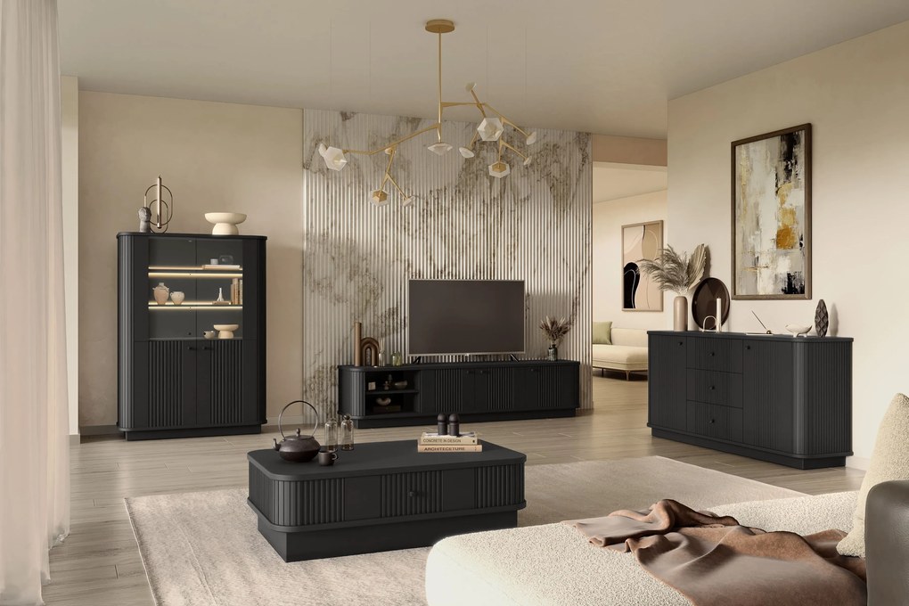 Szafka RTV Vesper 3D 187 cm na cokole - czarny / czarne uchwyty