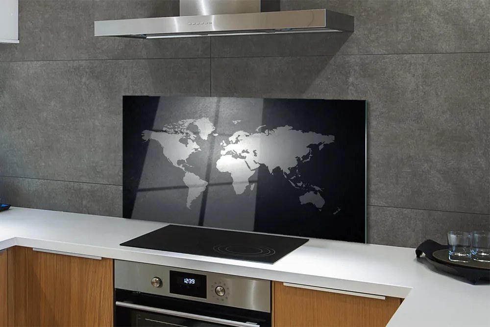 Panel szklany do Kuchni Kontrasty Świata: Biała Mapa na Czarnym Tle