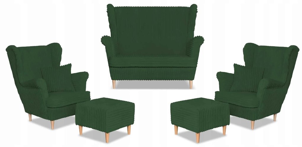 Zestaw uszak Rene Estella sofa fotele pufy Family Meble zielony sztruks