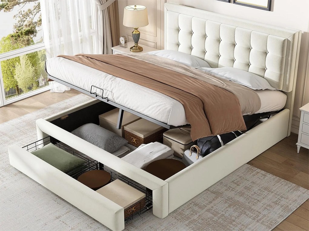 Łóżko ze schowkiem i zagłówkiem - 140 x 200 cm - 2 szuflady - aksamit - stelaż z listew - styl nowoczesny - białe