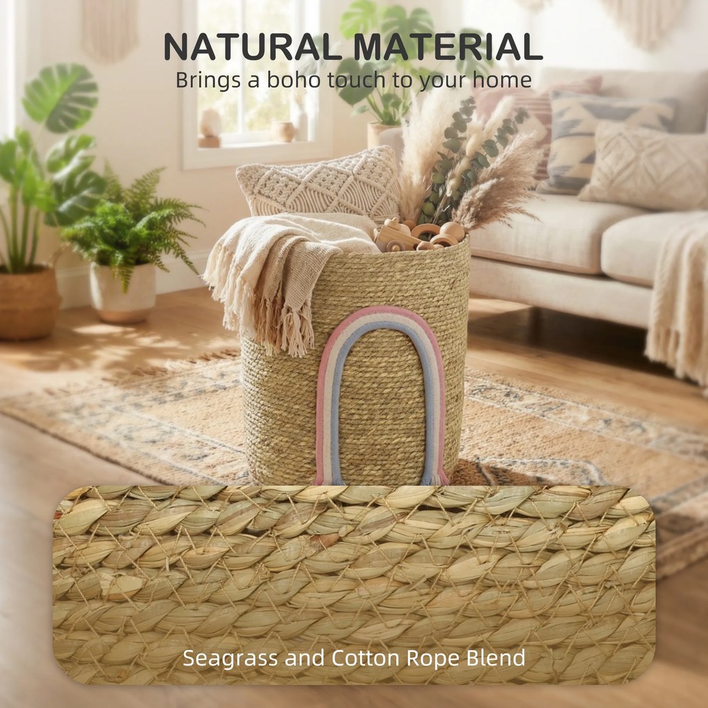 HOMCOM Kosz do przechowywania 24,7L z dekoracją tęczową, duży pleciony kosz do łazienki, sypialni, naturalny | Aosom PL