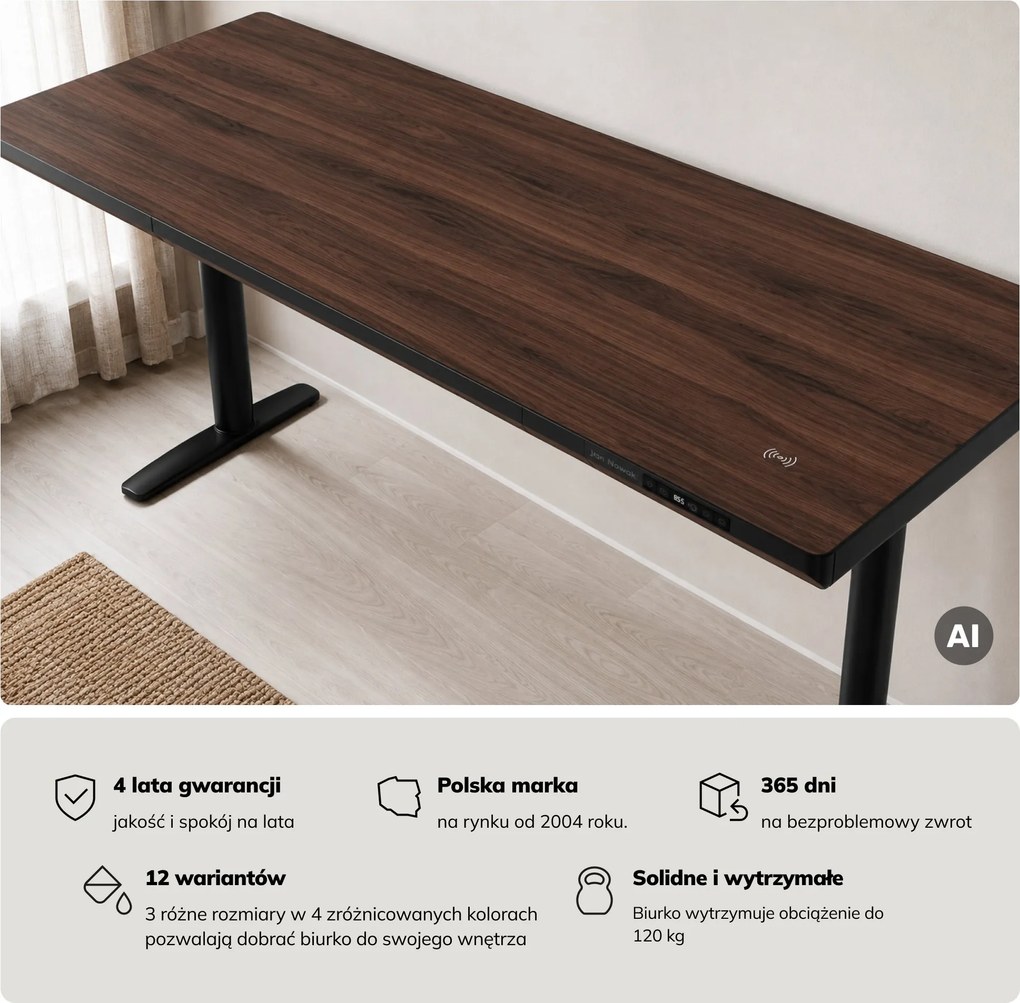 Biurko elektryczne sit-stand z szufladą i ładowarką bezprzewodową Qi czarne/orzech, 1600 mm: ELLIS