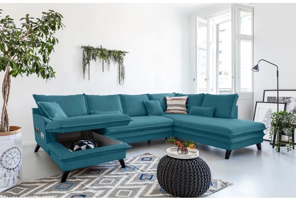 Turkusowa rozkładana sofa w kształcie litery "U" Miuform Charming Charlie, prawostronna