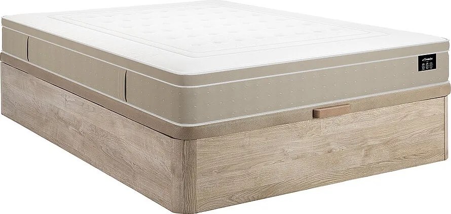 Zestaw 160 x 200 cm jasny naturalny stelaż ze skrzynią  + materac hybrydowy z 7-strefowymi kieszeniowymi sprężynami i żelem z pamięcią kształtu gr. 28 cm - CIREVA od YSMÉE