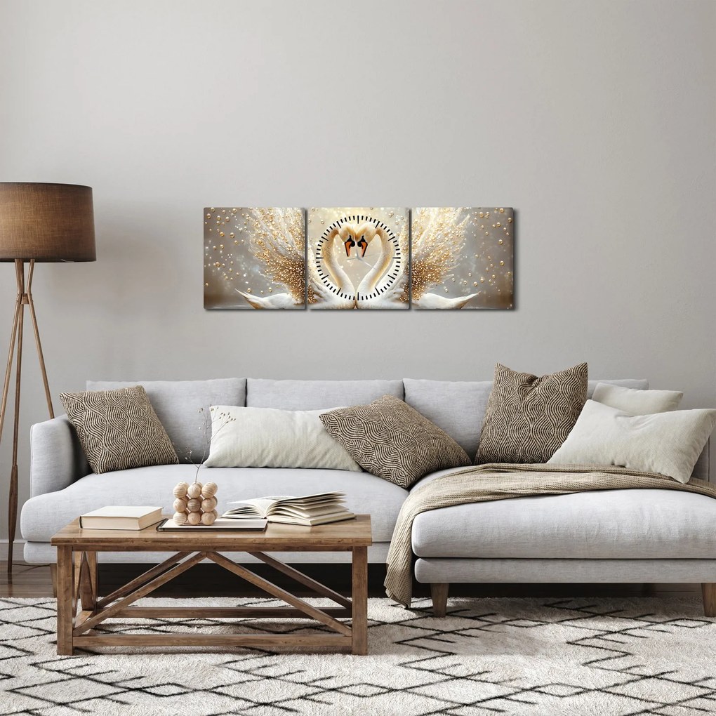 Obraz - Złote łabędzie (z zegarem) (90x30 cm)