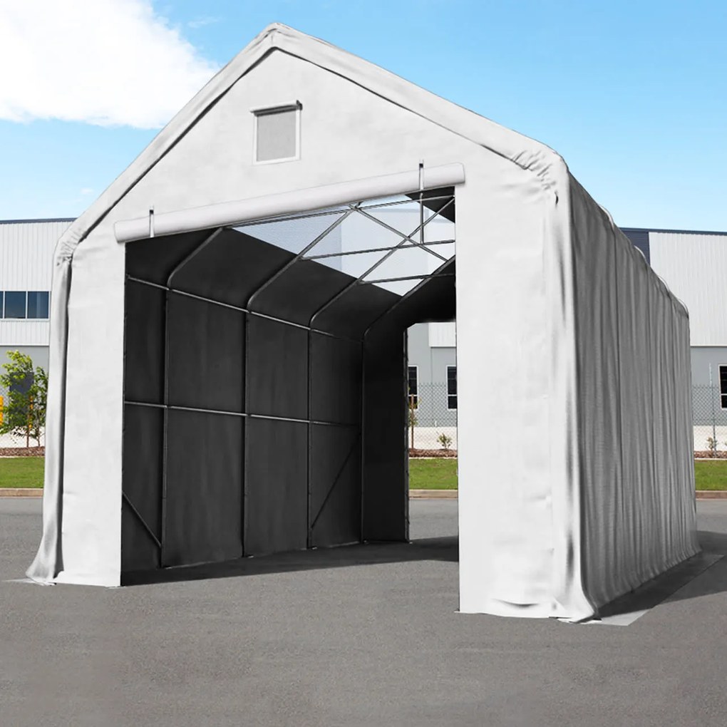 TOOLPORT 4x8m Hala namiotowa - 3 m wysokość ścian bocznych z 3x3m bramą, PRIMEtex 2300 z oknami dachowymi, szary, ze statyką (podłoże gruntowe) - (49830)