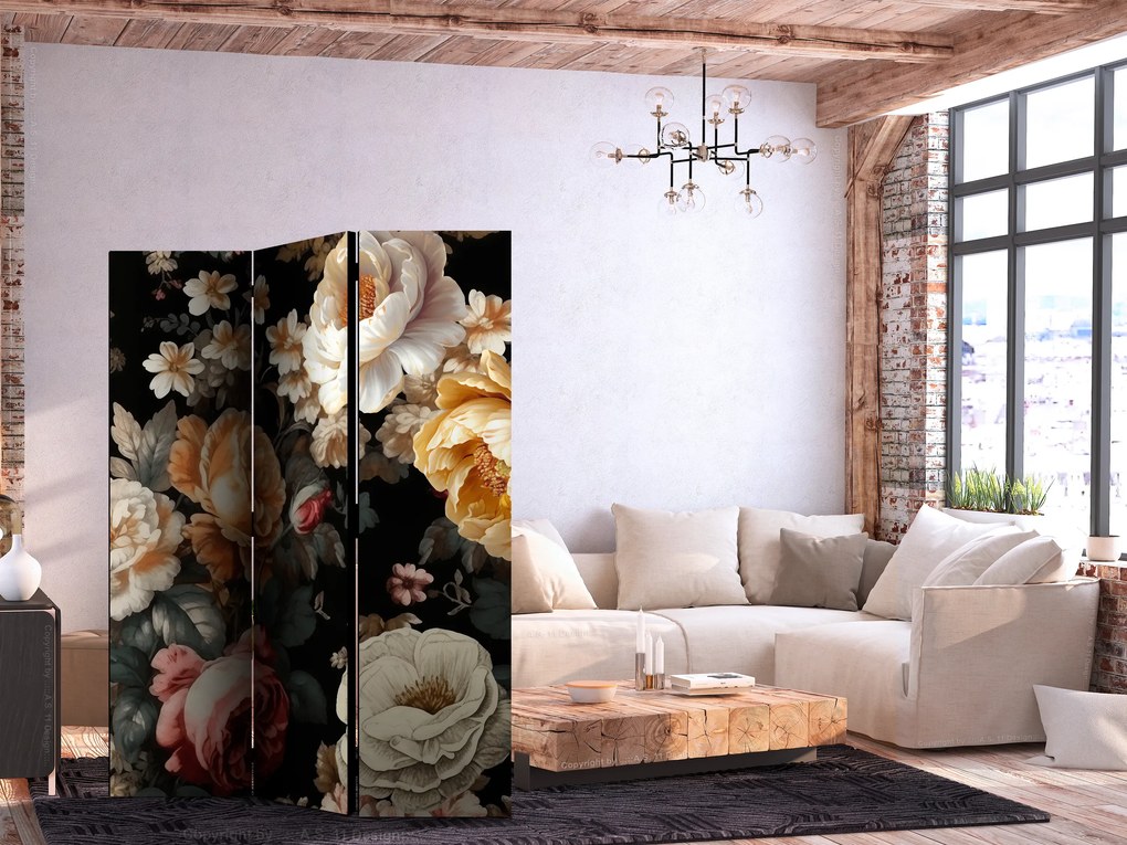 Parawan akustyczny Kwiaty 135x172 cm 3-częściowy czarny ARTGEIST B