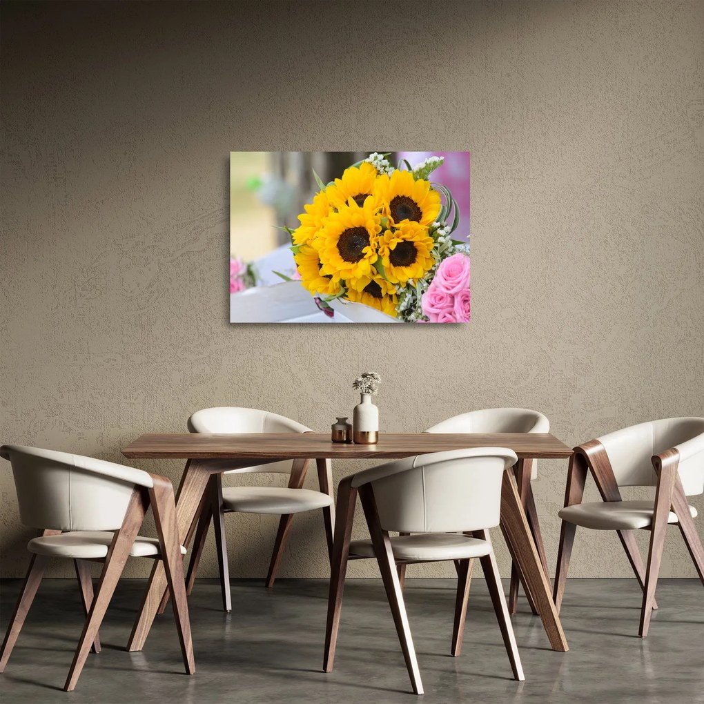 Obraz na szkle - bukiet ślubny ze słoneczników (70x50 cm)