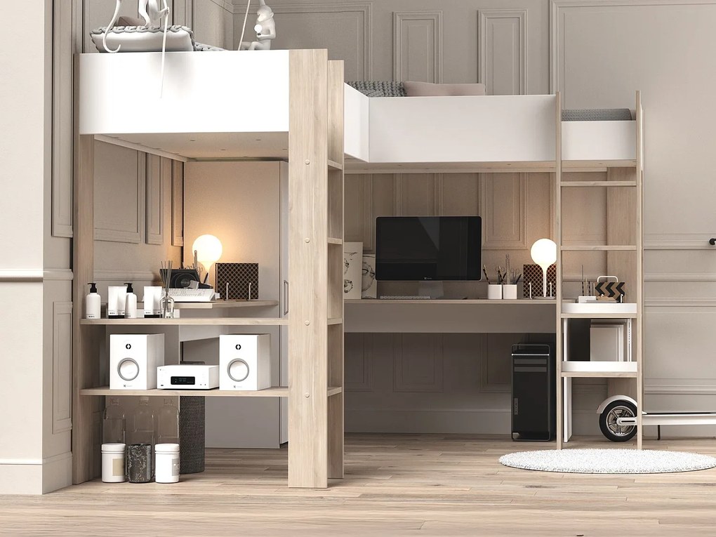 Łóżko antresola podwójne narożne 2 x 90 x 200 cm -  ze skrzynią i i biurkami - Biały i naturalny - LASCANO