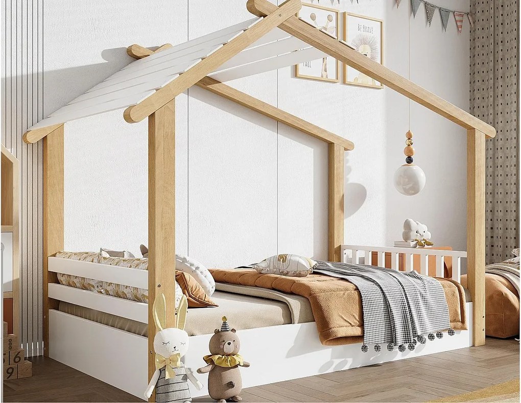 Łóżko domek dla dzieci 90x200cm - z stelażem listwowym - design domku z bali - Drewno lite + MDF - Naturalny