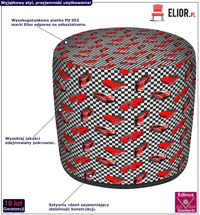 Czerwono-czarna okrągła pufa dziecięca z autami R4-R87