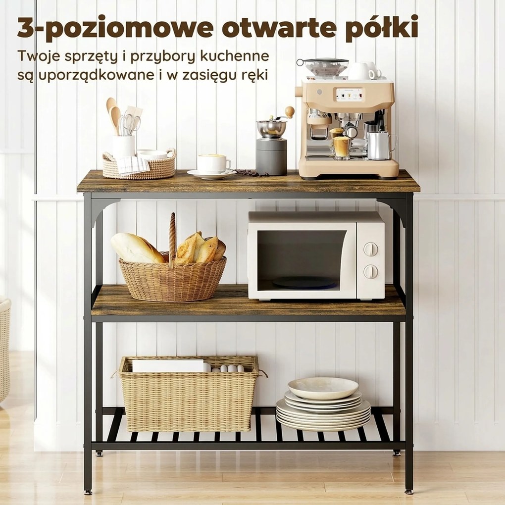 HOMCOM Regał kuchenny, 3-poziomowy regał kuchenny ze stalową ramą, Rustykalny-Brąz+Czarny