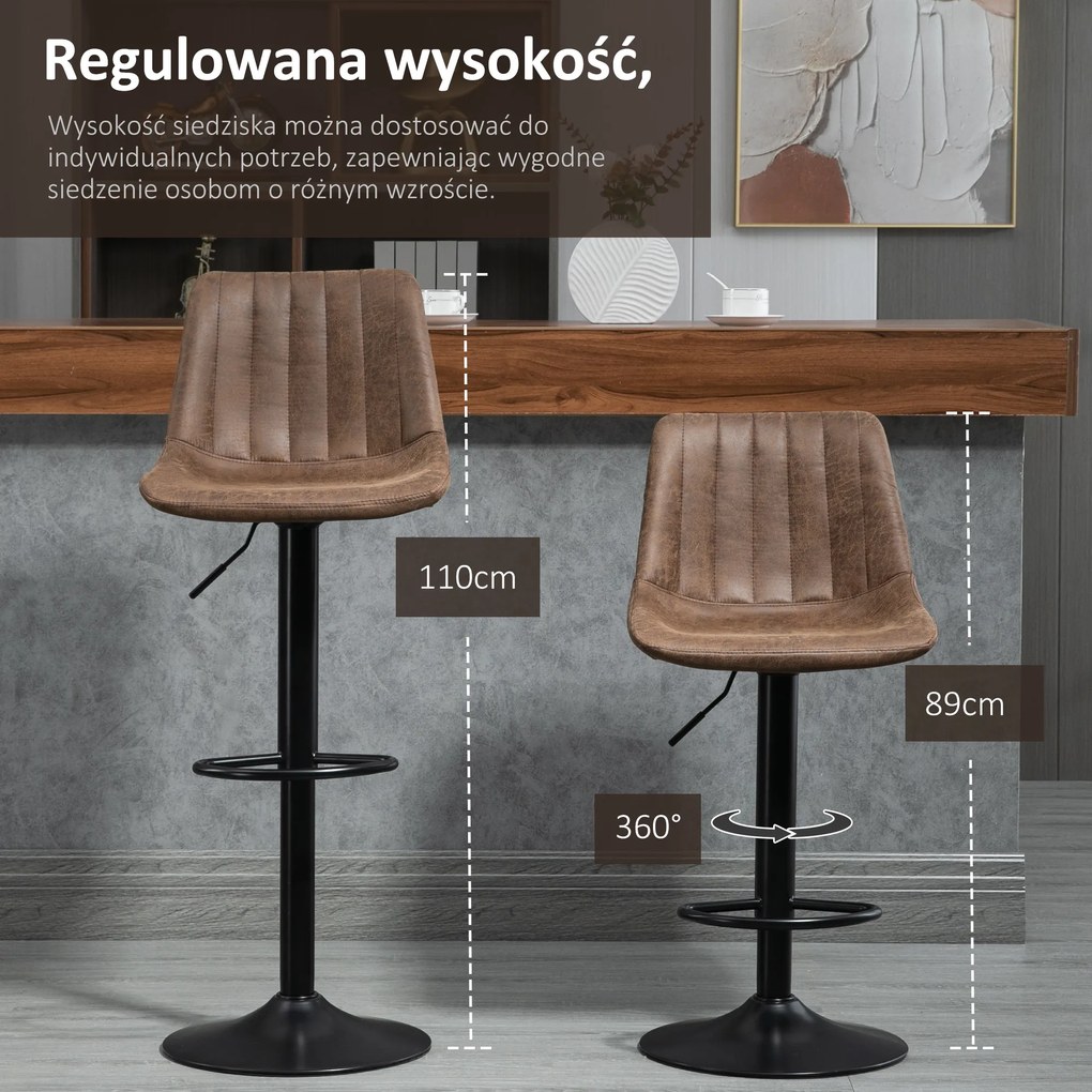 HOMCOM Zestaw 2 krzeseł barowych regulowane brązowe hokery z podnóżkiem nowoczesne | Aosom PL