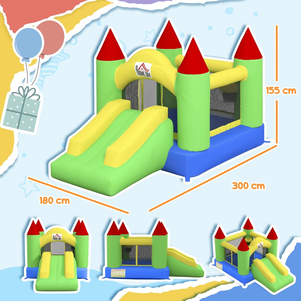HOMCOM Zamek Skaczący z Zjeżdżalnią i Siatką Bezpieczeństwa, do 100 kg, 3-10 lat, 300x180x160cm