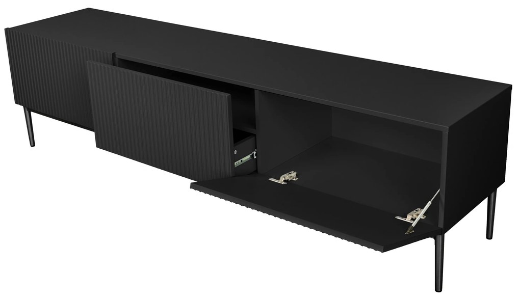 Szafka RTV Nicole 200 cm na metalowych nogach z szufladą - czarny mat / czarne nóżki