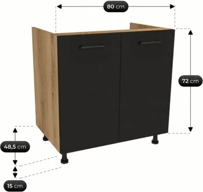 Zestaw Mebli Kuchennych MODERN 170 cm Czarny/Dąb Loftowy