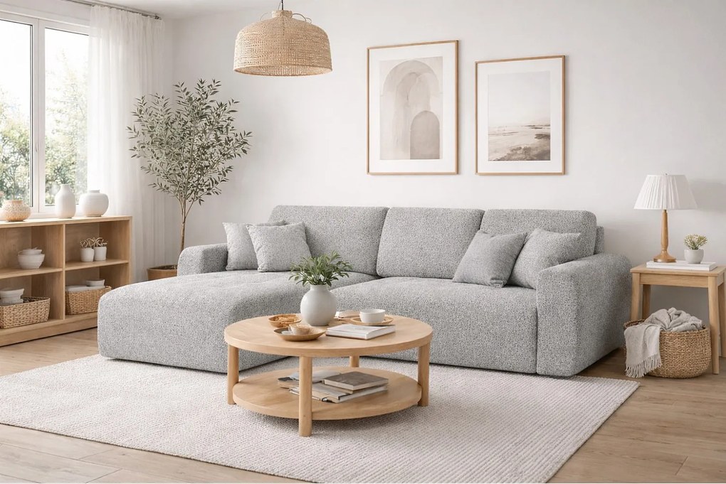 Narożnik w kształcie L z funkcją spania i pojemnikiem Ivo L, tkanina szenilowa Artico, Cement, Lewy