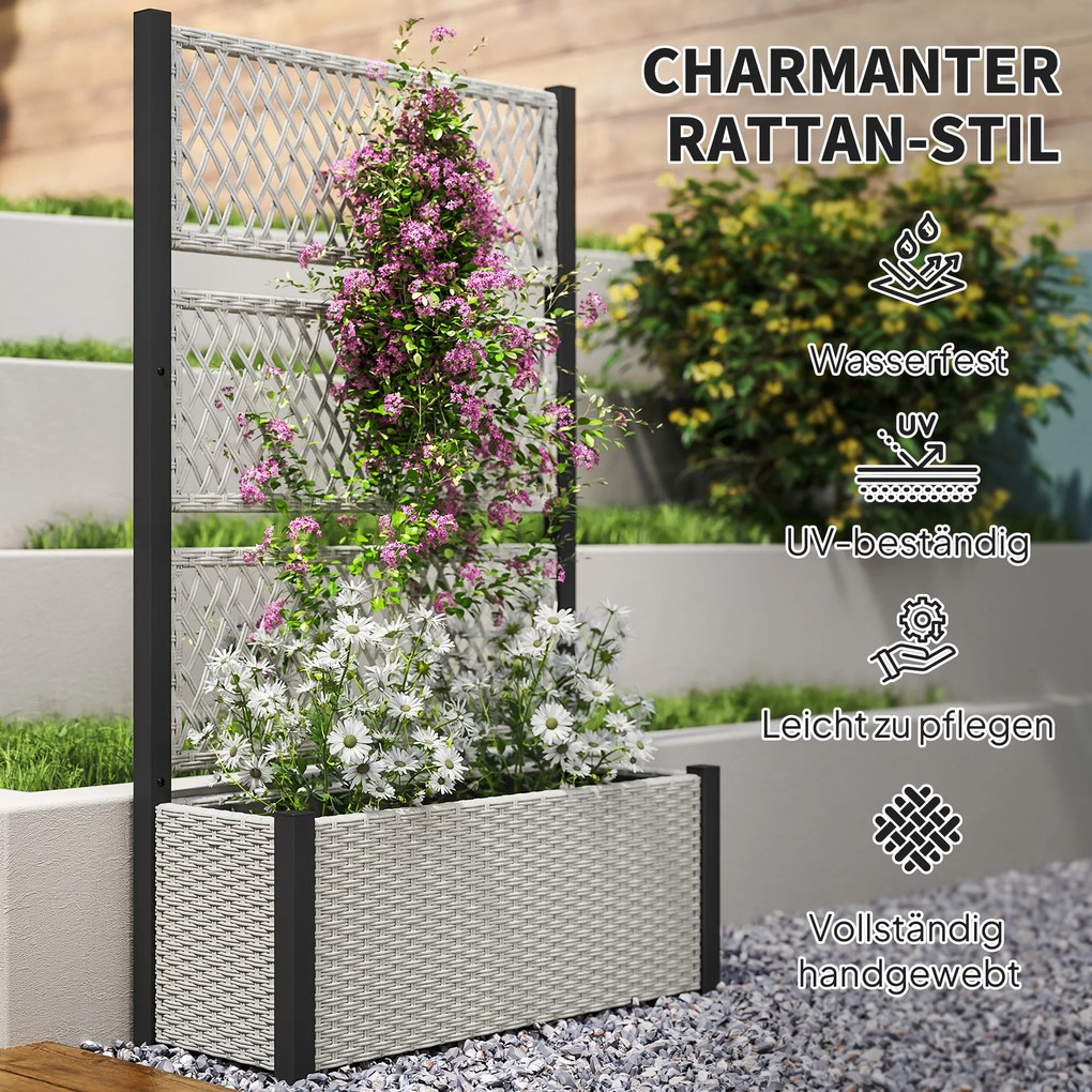 Outsunny Wysoki rabat z kratką w stylu rattanowym, skrzynia na rośliny z podporą 90 x 35 x 148cm Szary | Aosom PL