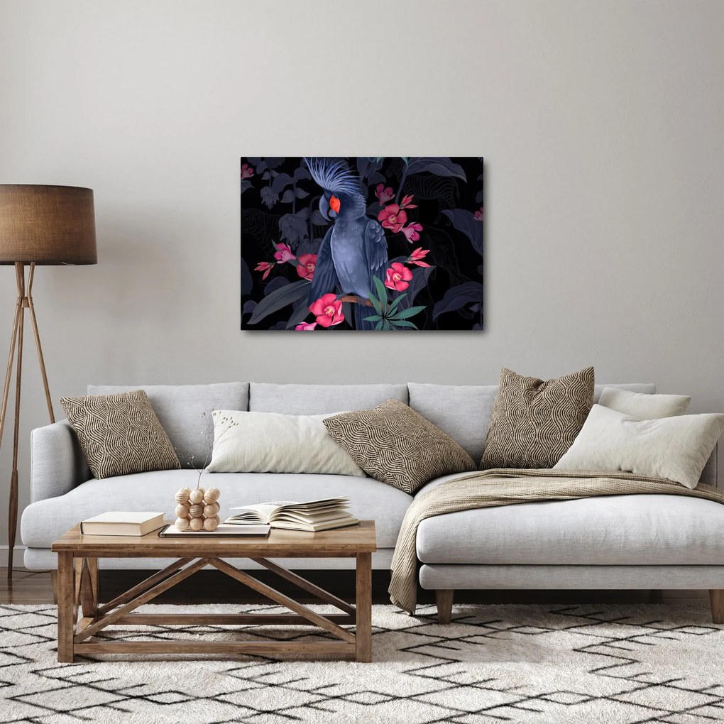 Obraz - Papuga wśród kwiatów (70x50 cm)