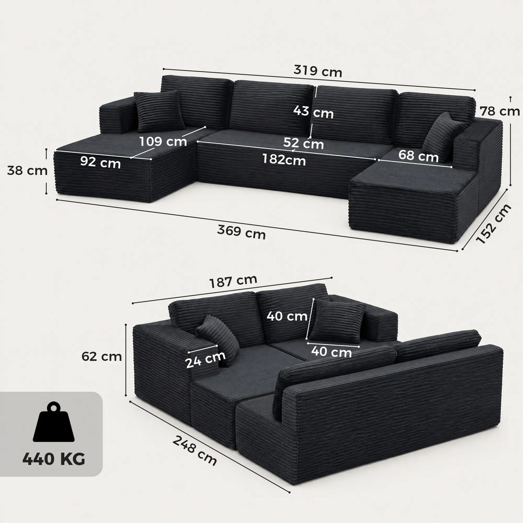HOMCOM Modułowa sofa w kształcie U z 2 szezlongami, sztruksowa sofa rozkładana z pianką o wysokiej gęstości i sprężynowym wypełnieniem, Ciemnoszara | Aosom PL