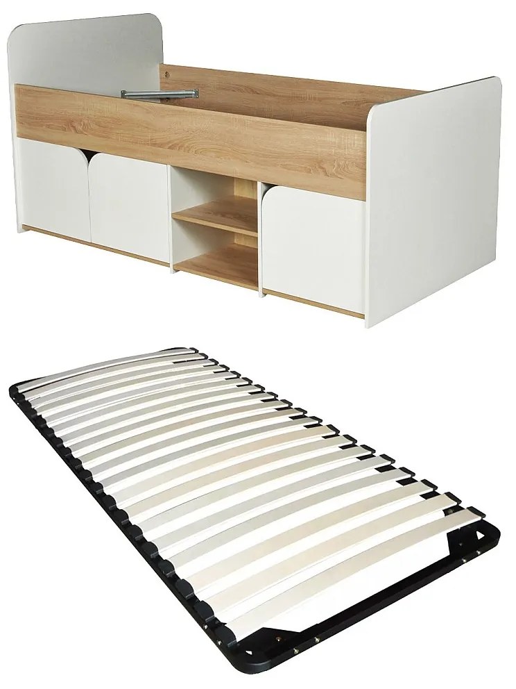 Łóżko 90 x 190 cm z ze skrzynią  - Kolor: Naturalny i biały + Stelaż - LOSTYA