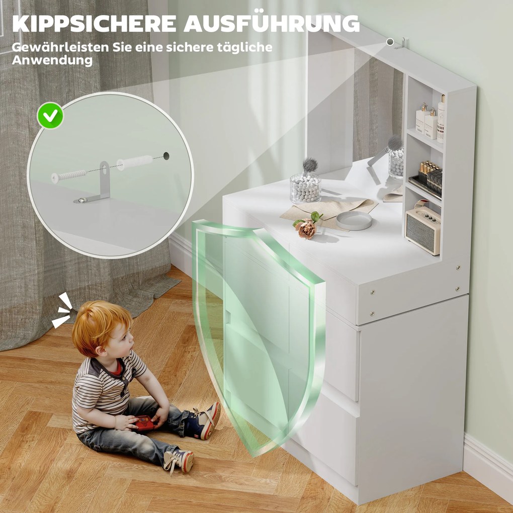 HOMCOM Toaletka, stolik do makijażu z dużym lustrem, 4 szuflady, 3 otwarte przegrody, 2 szafki, MDF, Biały