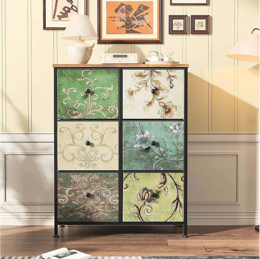 Komoda materiałowa z 6 szufladami, 67,5 x 30 x 86,5 cm – wzór retro