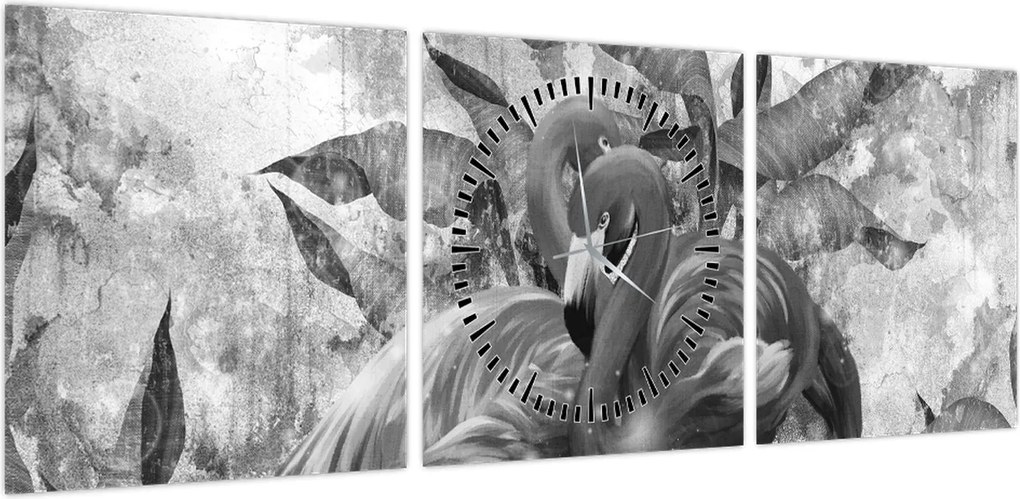 Obraz - Graffiti z flamingami (z zegarem) (90x30 cm)