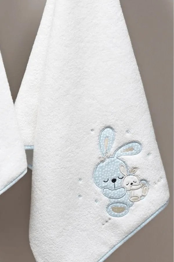 Podarunkowy zestaw ręczników dla dzieci BUNNY, 2 szt Śmietankowy /  Niebieski haft Zestaw (ręcznik 50x90cm, ręcznik 70x130cm)