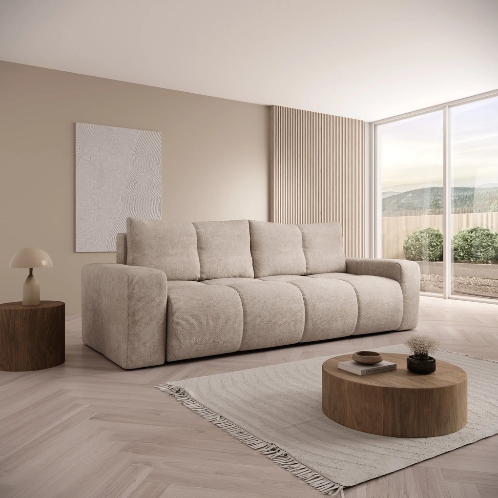 Masseno Sofa DUCA z funkcją spania i pojemnikiem na pościel, Rozkładana sofa - Beżowy, FLOW 02