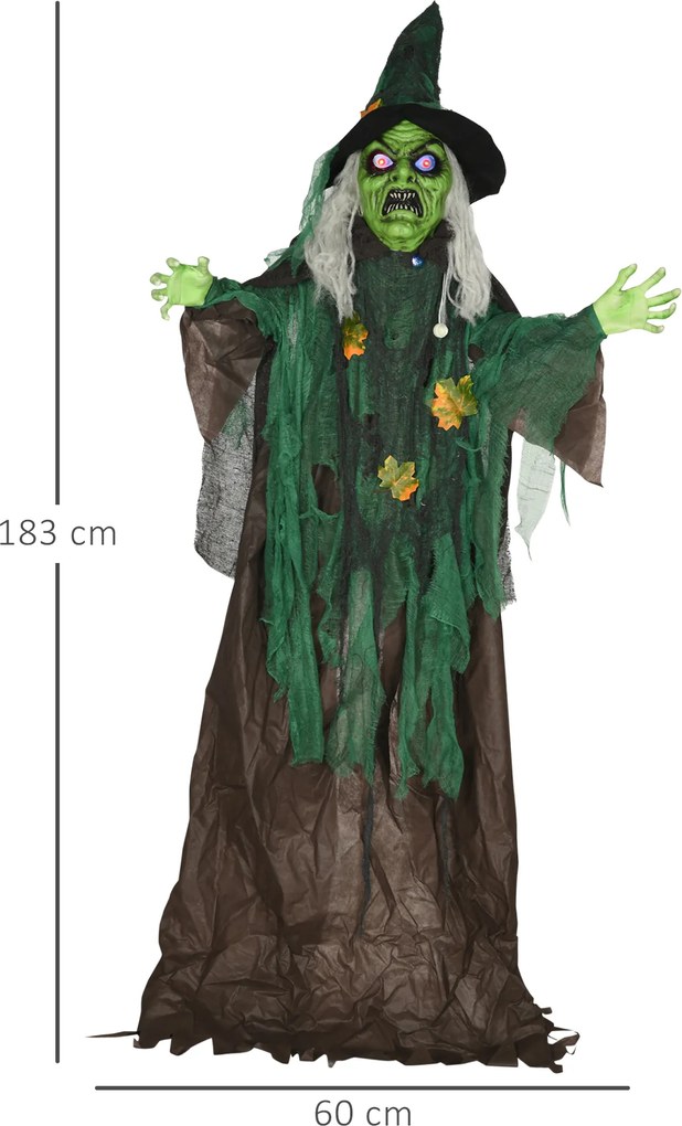 HOMCOM Czarownica na Halloween, Dekoracja z Funkcją Dźwiękową, z Sensorem Ruchu i Światłami LED, 60 cm x 18 cm x 183 cm