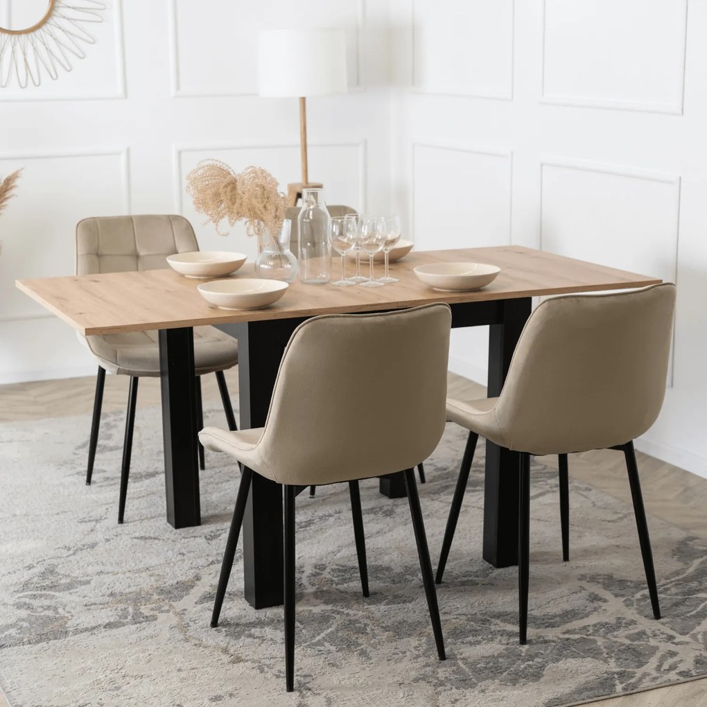 Zestaw Stół Kwadratowy Rozkładany MAX 80-160 cm Dąb Craft/Czarny i 4 Krzesła Tapicerowane CHRIS Beżowe Nowoczesne