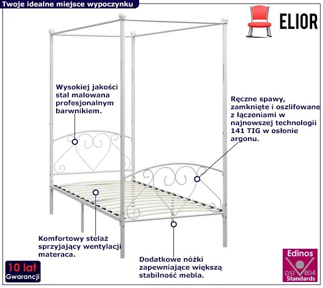 Białe metalowe łóżko z baldachimem 100x200 cm - Nila