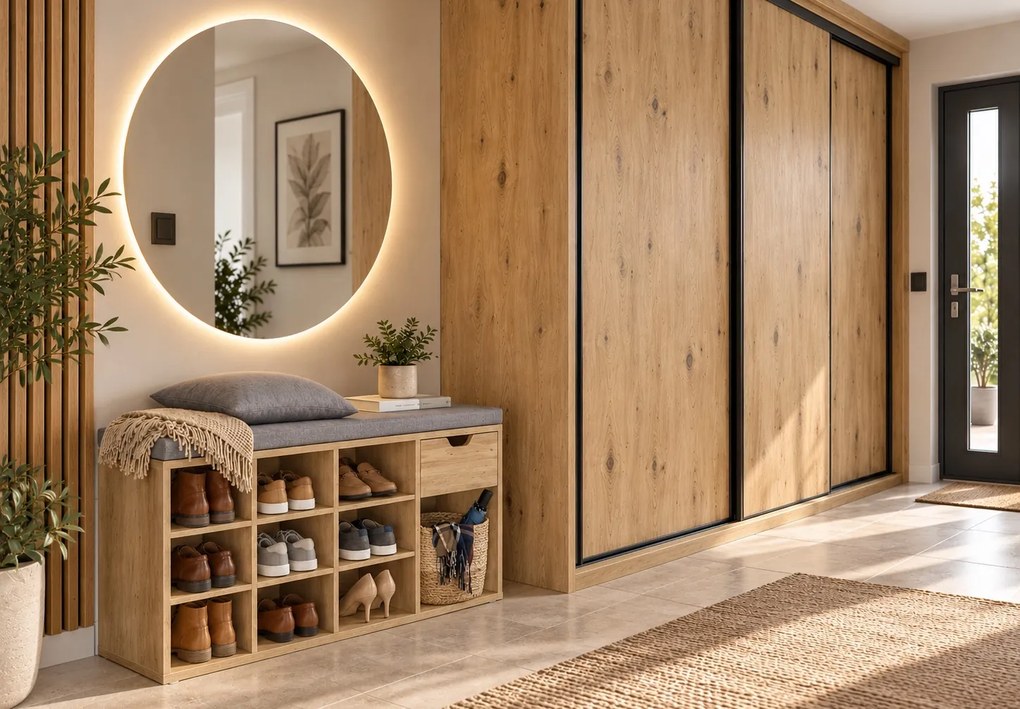 Szafka na buty z siedziskiem 104 cm Faro 024, z szufladą i półkami, dąb artisan