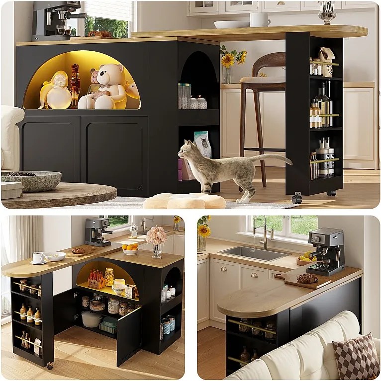 Rozkładany stół barowy z miejscem do przechowywania - 135-205 x 39 x 100 cm - mobilna wyspa kuchenna z diodami LED + 2 drzwi - MDF - czarny