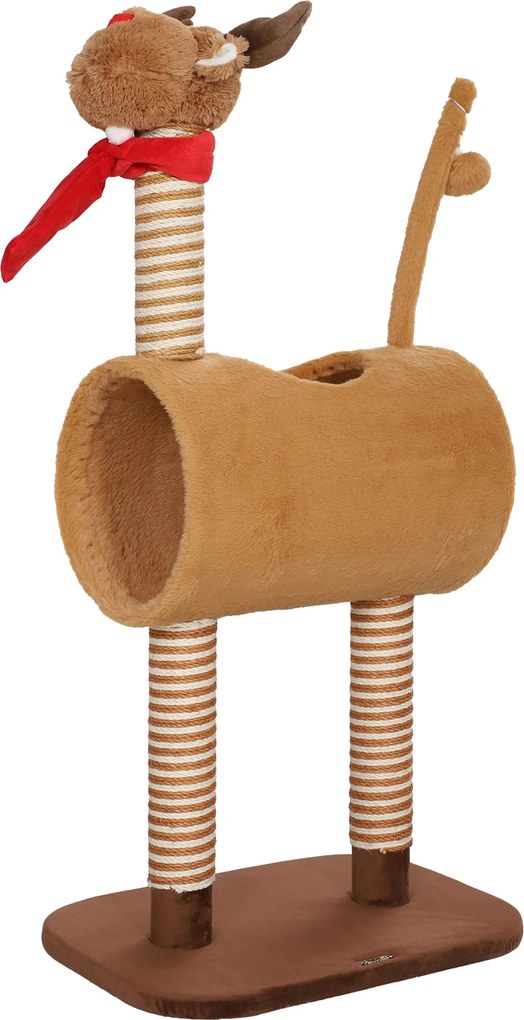 PawHut Drapak 98 cm Wzór Jelenia z Jaskinią, Piłką i Słupkami z Juty, Brązowy