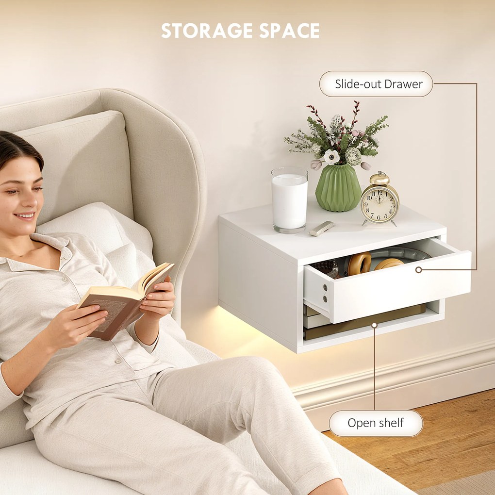 HOMCOM Zestaw stolików nocnych 2 szt. z oświetleniem RGB-LED, unoszący się stolik nocny z szufladą i otwartą półką, biały | Aosom PL
