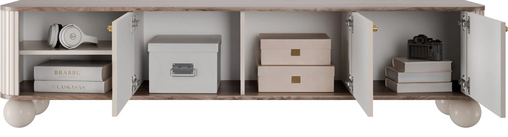 Szafka RTV Vesper 187 cm trzydrzwiowa - kaszmir / orzech / złote uchwyty / nogi kule