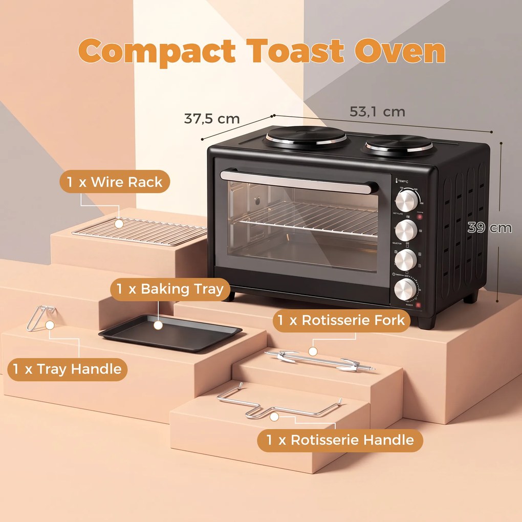 HOMCOM 36 l mini piekarnik z 2 płytami grzewczymi, elektryczny piekarnik stołowy z termoobiegiem, 90–230 °C | Aosom PL