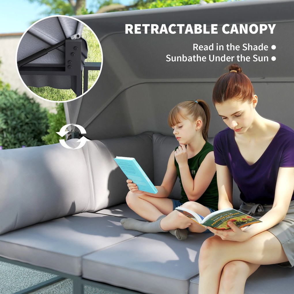 Outsunny Zestaw mebli zewnętrznych, sofa 3-osobowa z baldachimem, 2 krzesła, stolik kawowy z blatem szklanym, 12 poduszek, stalowa rama, Szary