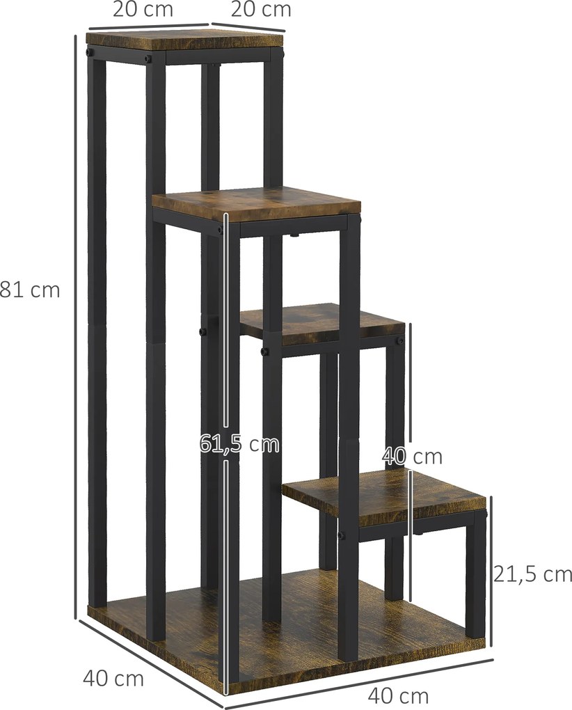 Outsunny Rustykalny stojak na kwiaty z 4 poziomami, 40 cm x 40 cm x 81 cm, Brązowy