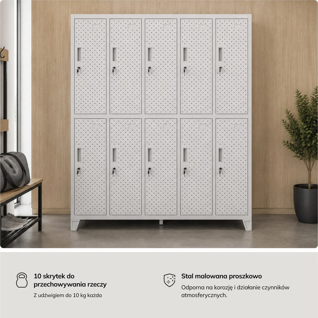 Szafka BHP ubraniowa, skrytkowa, perforowana, 10 skrytek, szara, 1360x1720x450 mm: BARTEK PRO