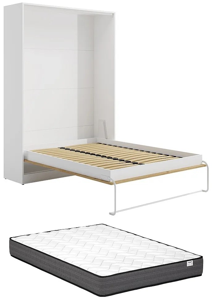 Łóżko chowane w ścianie 160 x 200 cm - Otwieranie pionowe ręczne - Kolor: Naturalny i biały + Materac - BEGANIO