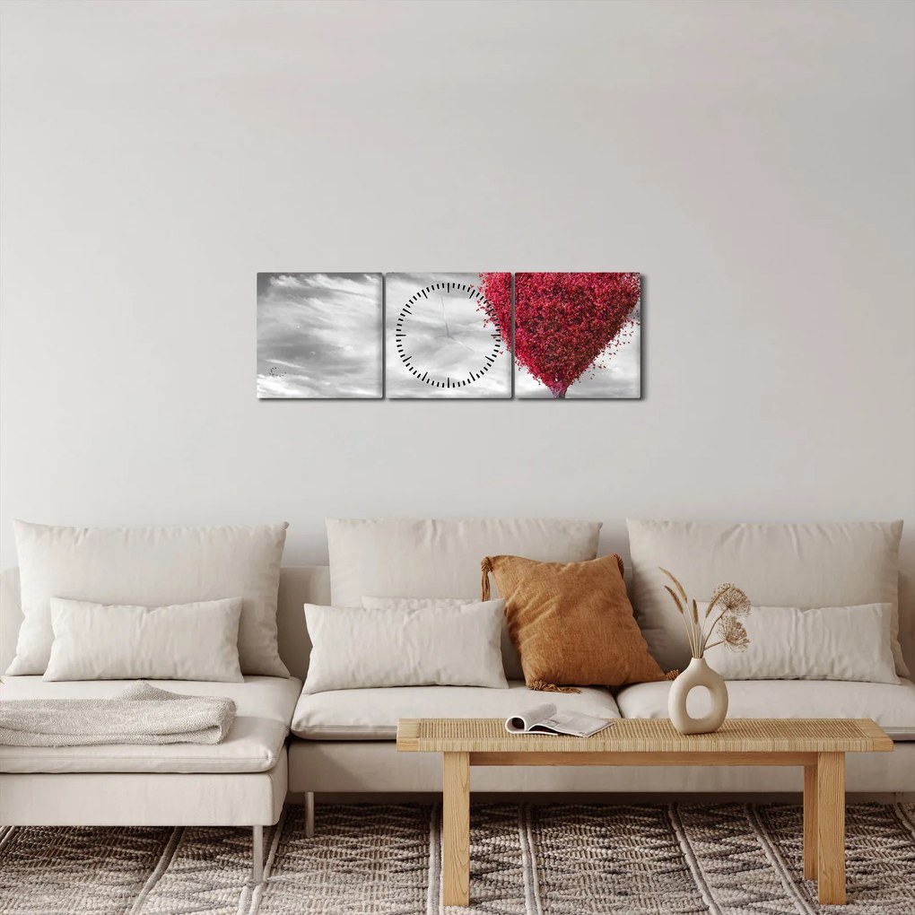 Obraz - serce z koroną drzewa (z zegarem) (90x30 cm)