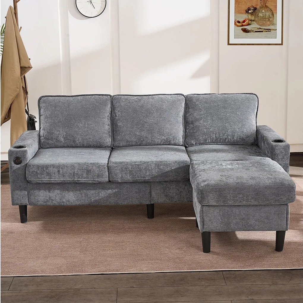 Sofa 3-osobowa, szary len, sofa w kształcie litery L z portami USB i Type-C, 2 uchwyty na kubki, do salonu i sypialni
