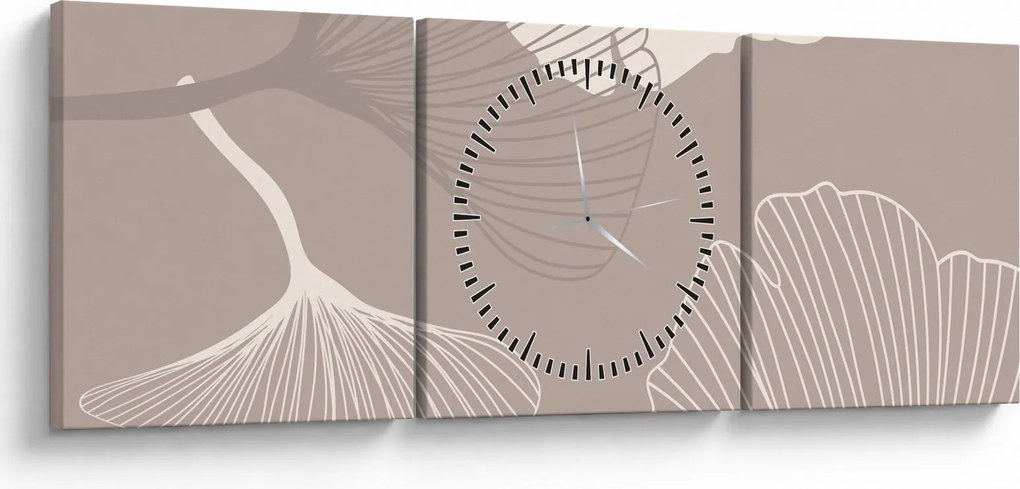 Obraz - Beżowe liście N⁰1 (z zegarem) (90x30 cm)