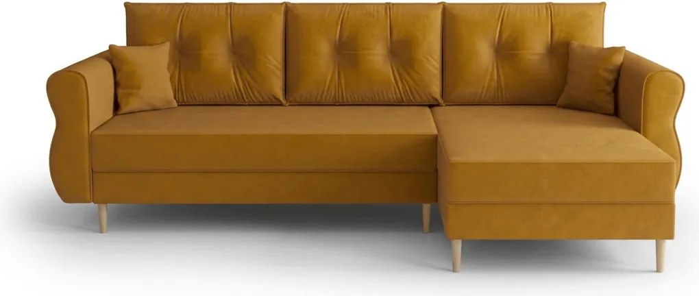 Rozkładana narożna sofa SILVIANO 230x140 cm, musztardowa, uniwersalna