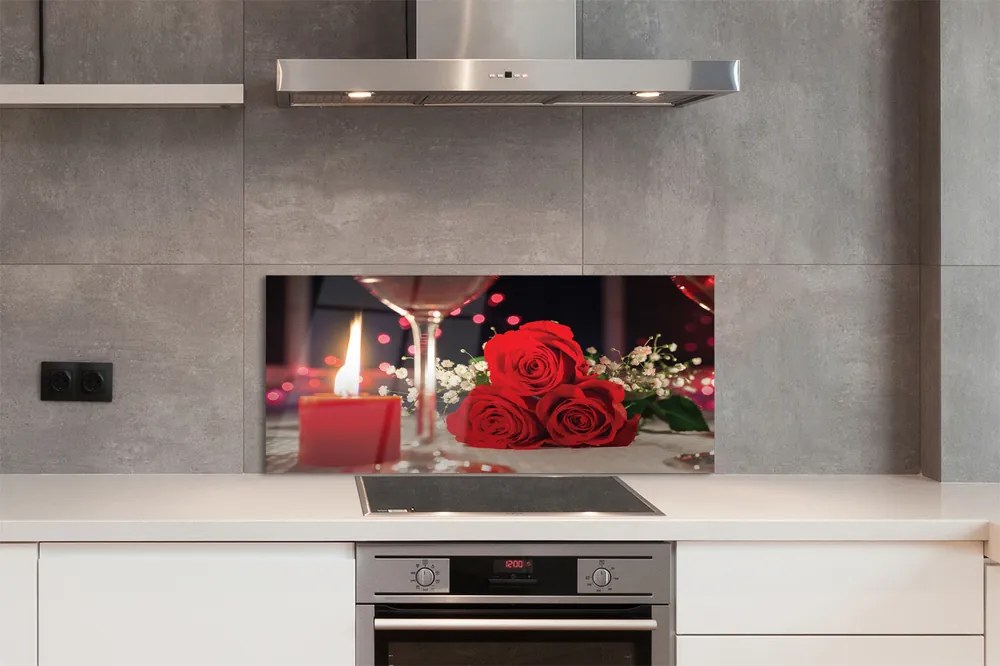 Szklany Panel Róże i Kieliszek przy Świecy