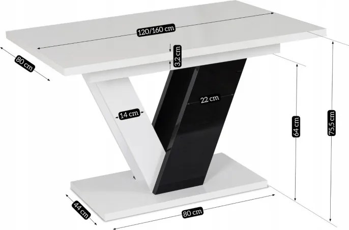 Stół Prostokątny Rozkładany CLARK 120-160 cm Czarny/Biały Połysk Glamour